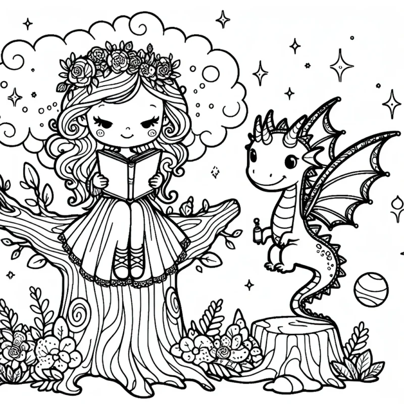 Une petite princesse perché dans un arbre enchanté lisant un livre mystique à côté de son ami le dragon doux et coloré.