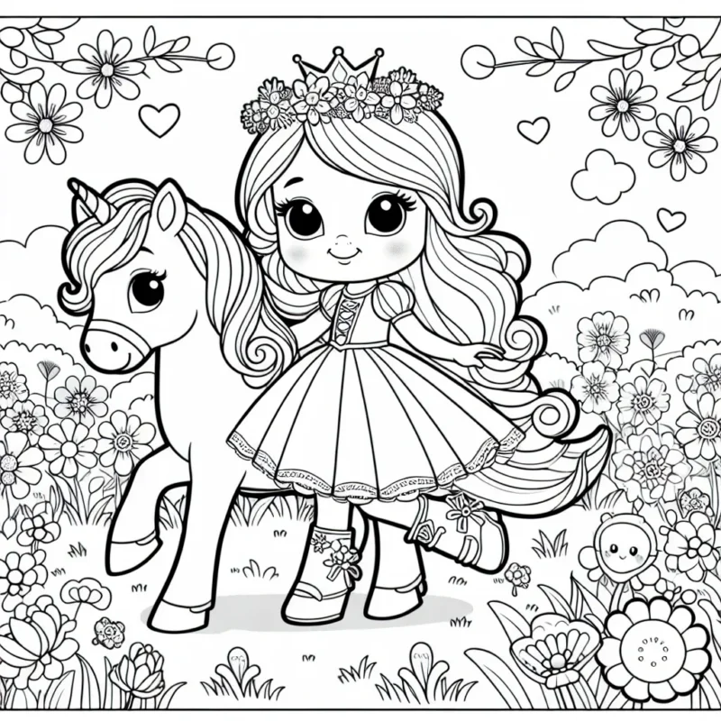 Princesse Zara jouant avec son adorable licorne dans une prairie féerique pavée de fleurs colorées.