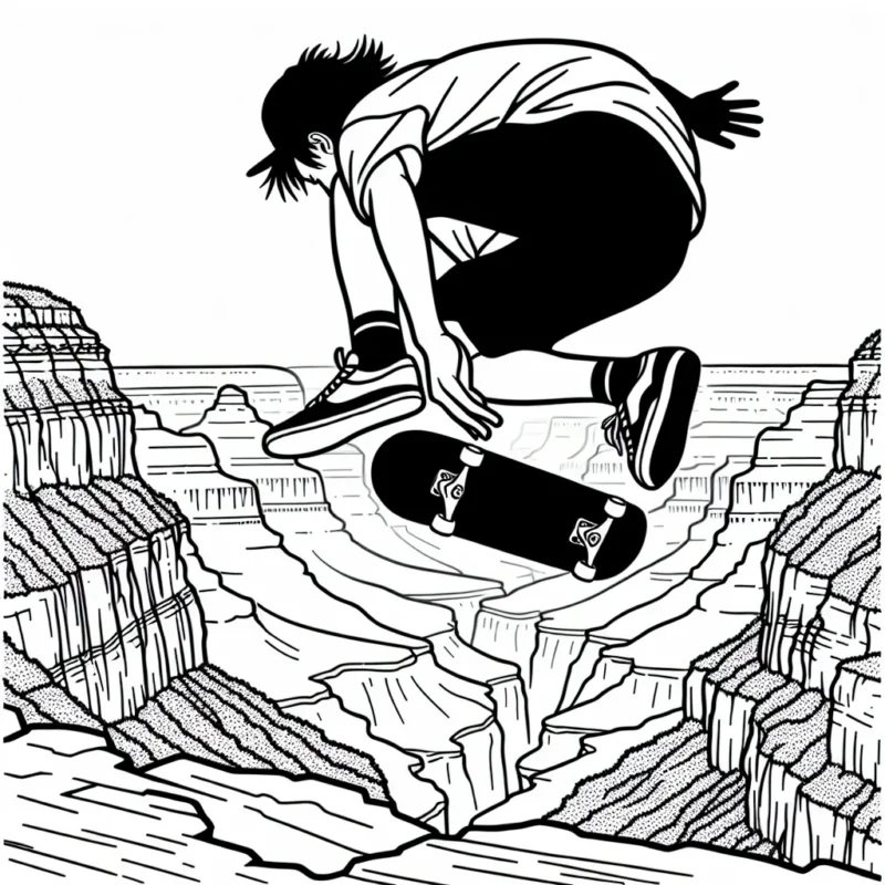 Dessine un adepte du skateboard effectuant un saut spectaculaire au-dessus du Grand Canyon