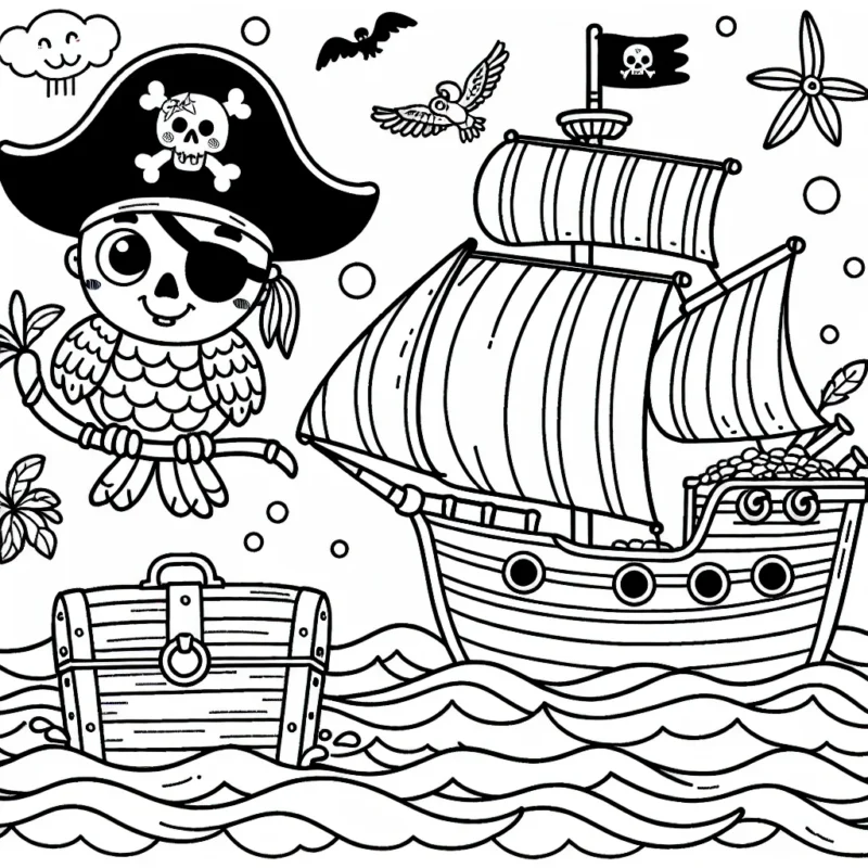 Un adorable petit pirate avec son perroquet coloré, naviguant sur les mers déchaînées à la recherche du trésor perdu. Son navire a tous les détails, comme un grand mât, une voile ornée d'un joli crâne, des canons et bien sûr, un coffre au trésor.