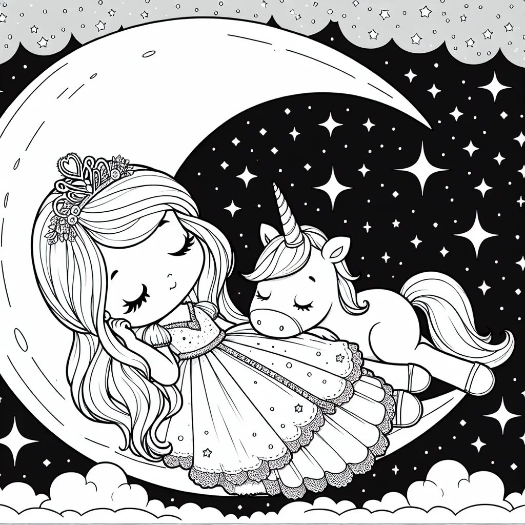 Une princesse dans une robe luxueuse allongée sur une lune avec des étoiles scintillantes autour d'elle et une jolie licorne endormie à ses pieds dans un ciel nocturne