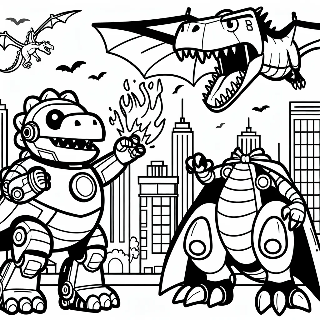 Une aventure épique de super héros, avec un dinosaure robot, en train de protéger la ville contre un dragon cracheur de feu