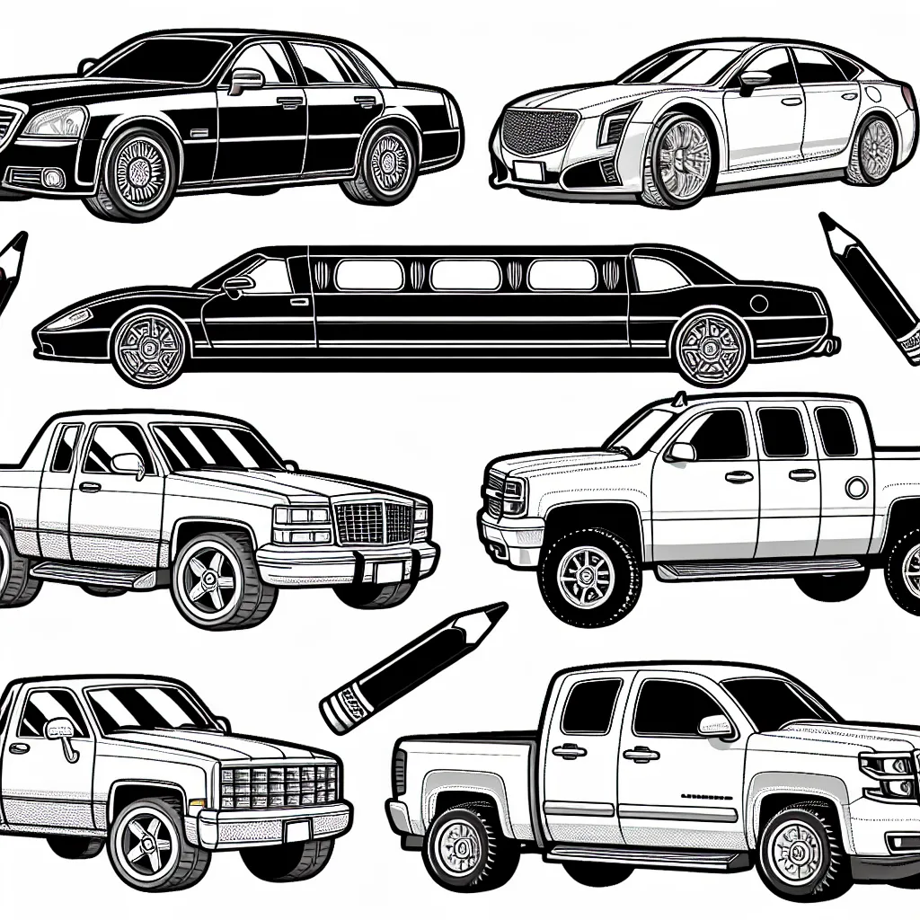 Imagine un dessin présentant un défilé des voitures de différentes marques. On y voit des voitures de sport, des limousines, des pick-ups et des berlines, toutes représentées avec des détails réalistes. Quelle marque est ta préférée ? Donne vie à cette parade en mettant les couleurs de ton choix !