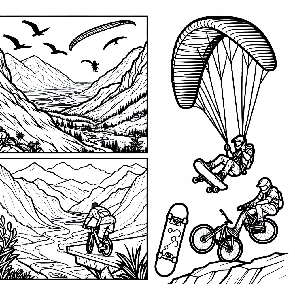 Planche de dessin représentant une scène de sports extrêmes, comprenant du parapente, du skateboard en hauteur, du VTT sur terrain accidenté, et de l'escalade libre.