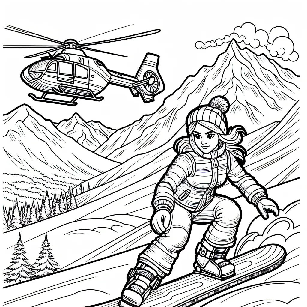 Imagine un dessin représentant un athlète intrépide faisant du snowboard sur une pente enneigée vertigineuse. Un hélicoptère le survole pendant qu'un pic montagneux majestueux dessine l'arrière-plan. N'oublie pas de dessiner tous les détails d'équipement de sports extrêmes !