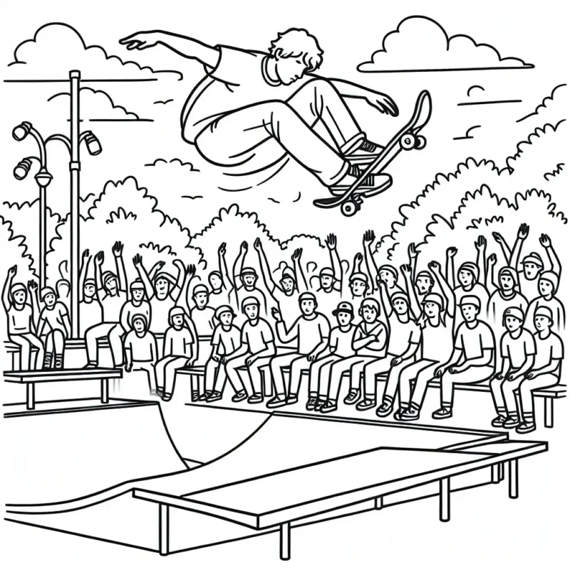 Dessine un skateur exécutant une figure acrobatique exceptionnelle dans un parc de skate, avec des fans ébahis le regardant depuis la marge.