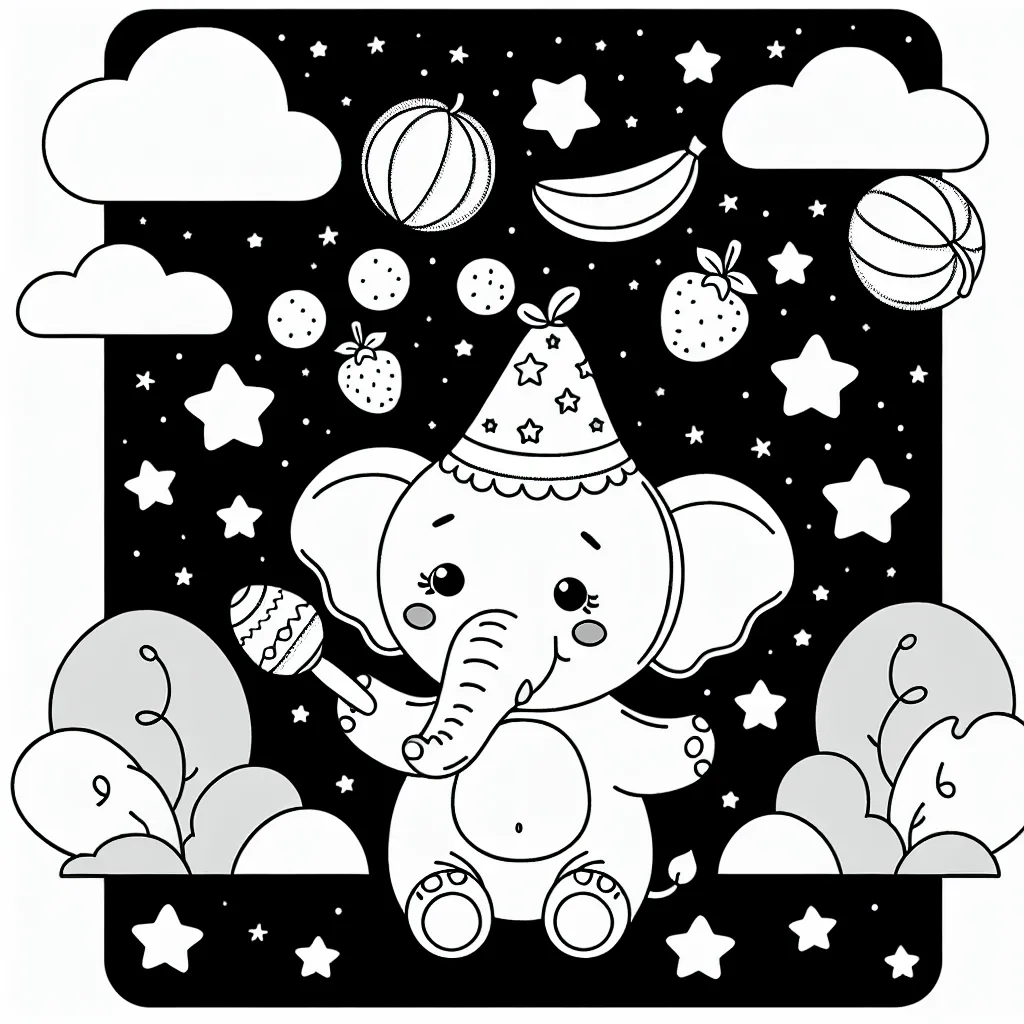 Un éléphant mignon porte un chapeau plein d'étoiles en jonglant avec des fruits colorés sous le ciel étoilé de la nuit.