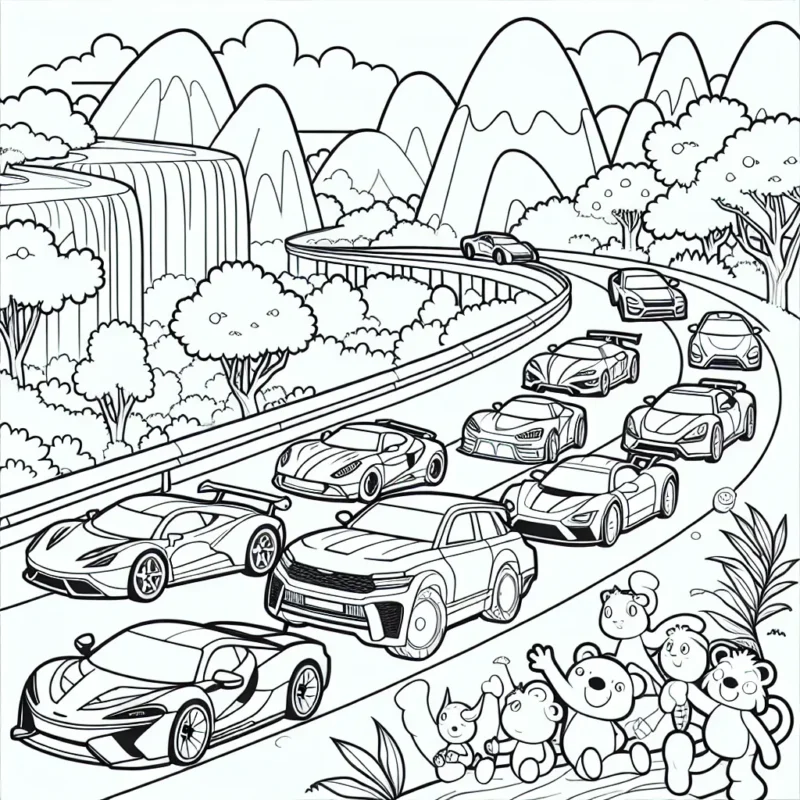 Un cortège de voitures de course traverse une zone pleine de cascades et de montagnes. Chaque voiture a un look et une conception uniques, il y a des voitures de sport modernes, des voitures classiques, des voitures-concept futuristes et même des voitures de dessins animés. Il y a aussi différents animaux et personnages qui agitent les voitures au fur et à mesure qu'elles passent.