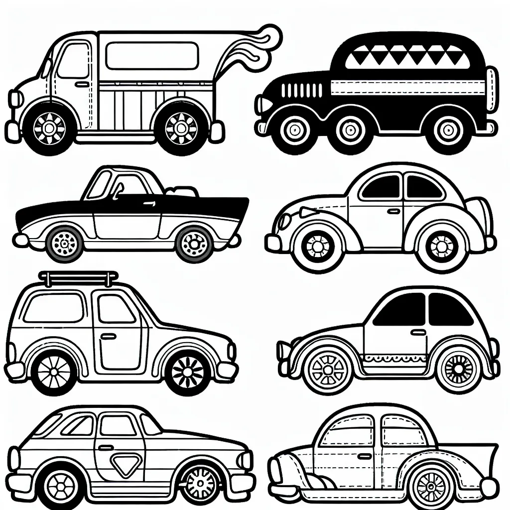 Des voitures emblématiques de différentes marques sont alignées et prêtes à être coloriées.