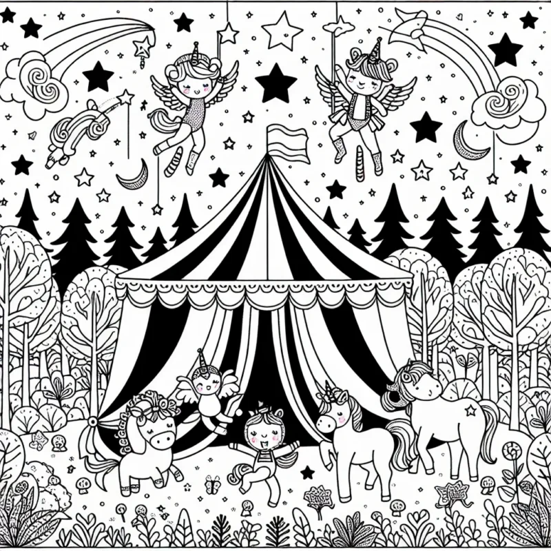 Imagine et colorie un formidable cirque étoilé dans une forêt enchantée, avec des animaux farfelus et des acrobates dansant dans les cieux.