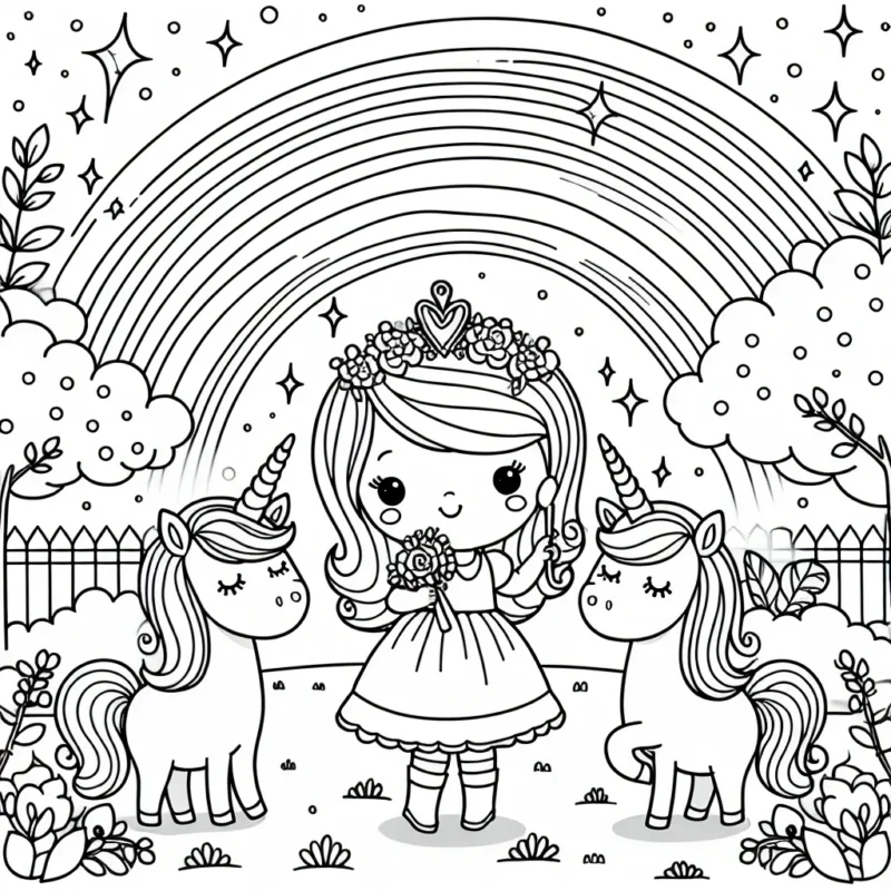 Une petite princesse joue avec des licornes dans un jardin enchanté sous un arc-en-ciel scintillant.