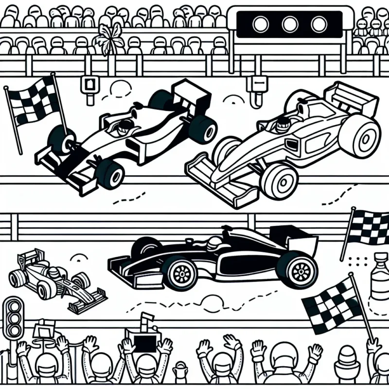 Un circuit animé de voitures de course à colorier, avec deux voitures principalement : une formule 1 et une voiture de rallye. Des éléments typiques du circuit sont aussi à colorier : les stands, la ligne d'arrivée, le public.