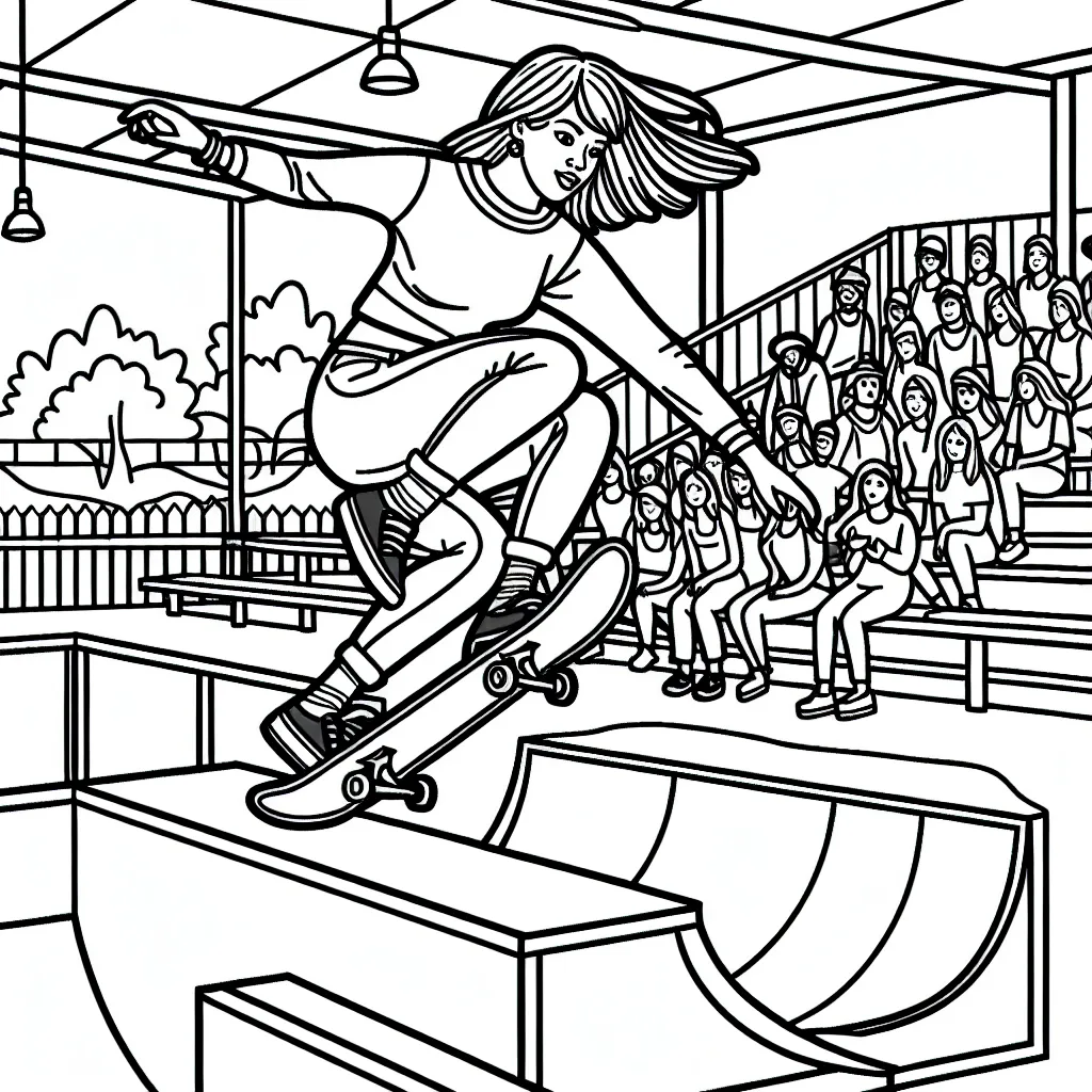 Dessine un skateboarder effectuant un saut audacieux sur une rampe dans un parc à skate, avec des spectateurs en arrière-plan suscitant une ambiance dynamique et animée.