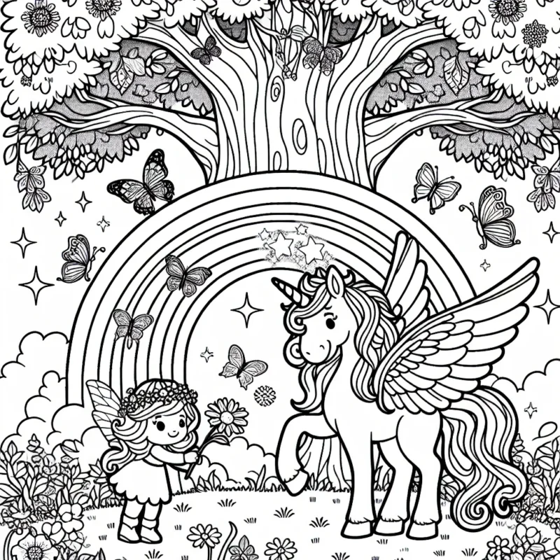 Dans une clairière enchantée, tu trouveras une licorne ailée qui est en train de jouer avec ses petits amis féeriques, comme une fée et un papillon. Elle est sous un énorme chêne rempli de feuilles scintillantes et de fleurs multicolores. Là-bas, tu verras aussi un arc-en-ciel lumineux qui traverse le ciel. Peux-tu les peindre avec de belles couleurs ?