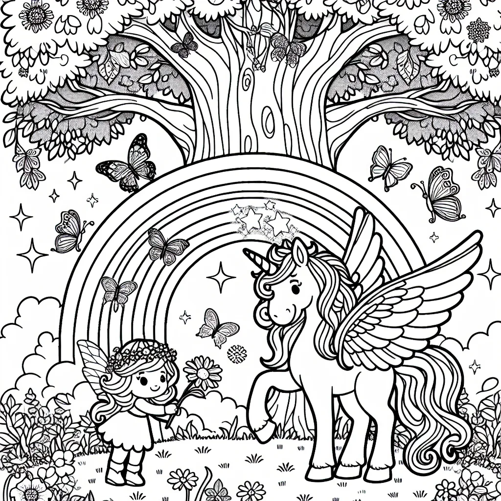 Dans une clairière enchantée, tu trouveras une licorne ailée qui est en train de jouer avec ses petits amis féeriques, comme une fée et un papillon. Elle est sous un énorme chêne rempli de feuilles scintillantes et de fleurs multicolores. Là-bas, tu verras aussi un arc-en-ciel lumineux qui traverse le ciel. Peux-tu les peindre avec de belles couleurs ?