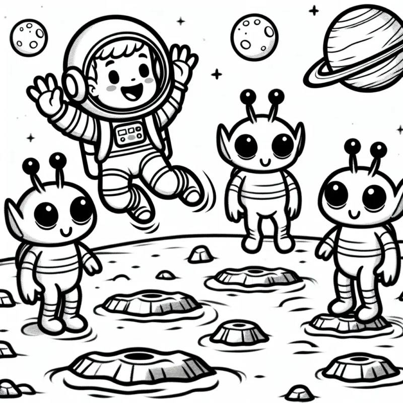 Un astronaute joue avec une bande d'extraterrestres sur une planète étrangère, tous jouent à saute-mouton sur des cratères lunaires