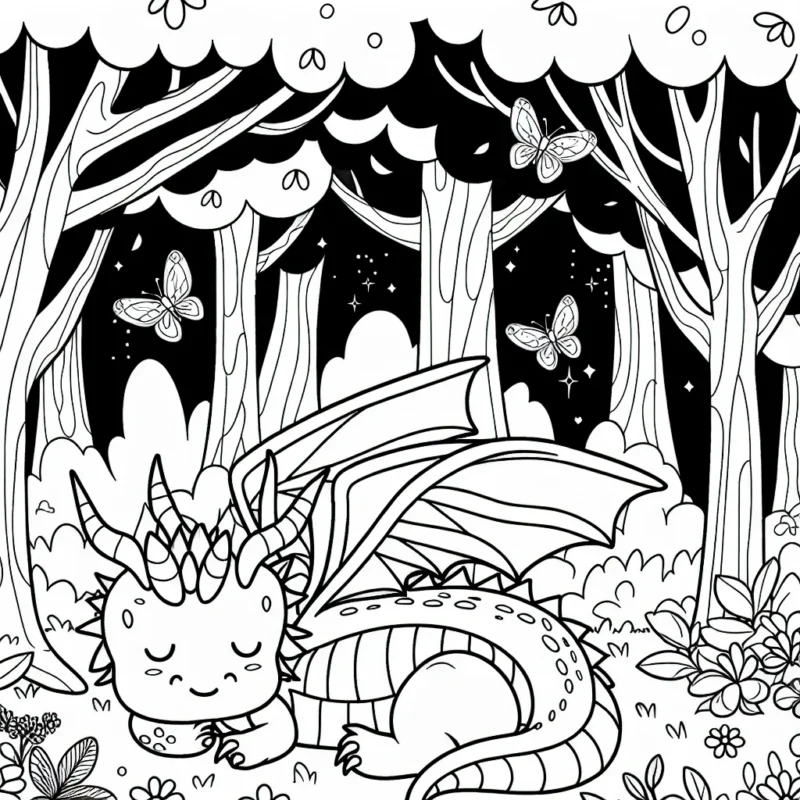 Un dragon se reposant sous les arbres d'une forêt enchantée tout en jouant avec des papillons magiques.