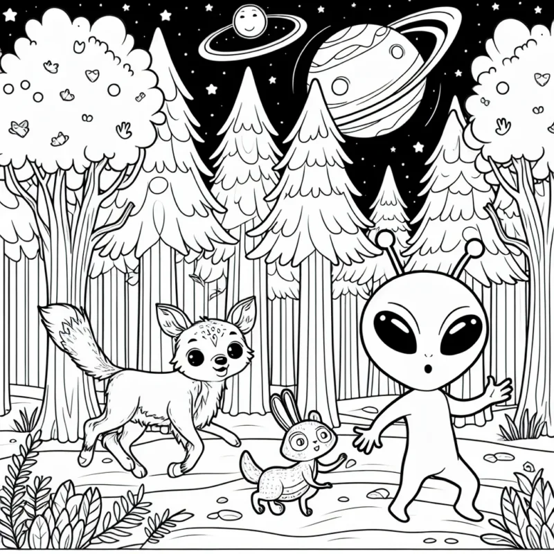 Un petit extraterrestre tout mignon jouant à cache-cache avec ses amis les animaux de la forêt enchantée sous un ciel étoilé.