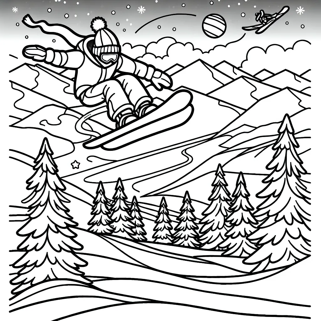 Dessine un snowboarder qui fait un saut spectaculaire dans les montagnes enneigées avec un ciel bleu en arrière-plan