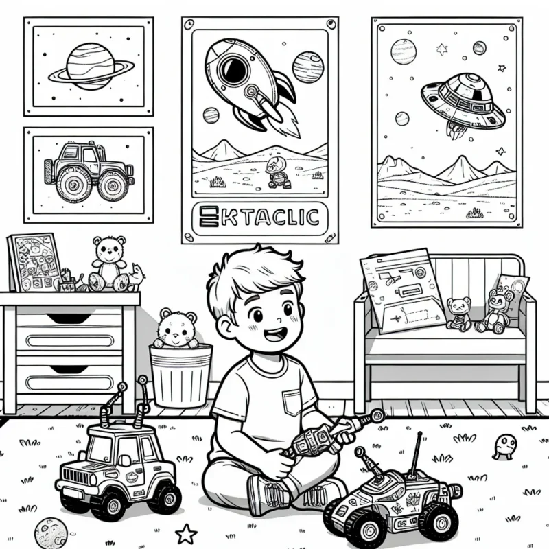 Un petit garçon heureux joue avec ses jouets robotiques dans sa chambre aventurière, remplie d'affiches de l'espace, d'un grand poster de véhicules et de stickers d'animaux sauvages.