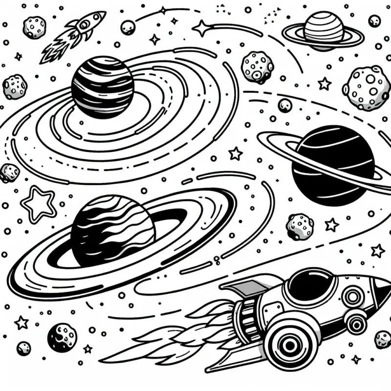 Une course de bolides dans l'espace avec des voitures fusées traversant des anneaux de planètes et esquivant des astéroïdes