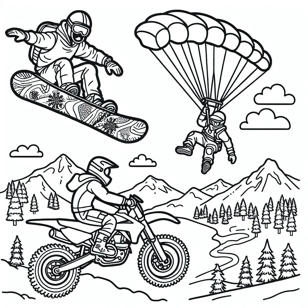 Imagine un coloriage où un snowboardeur saute par-dessus une montagne enneigée, un motard fait une cascade sur une piste de terre et un parachutiste tombe du ciel.