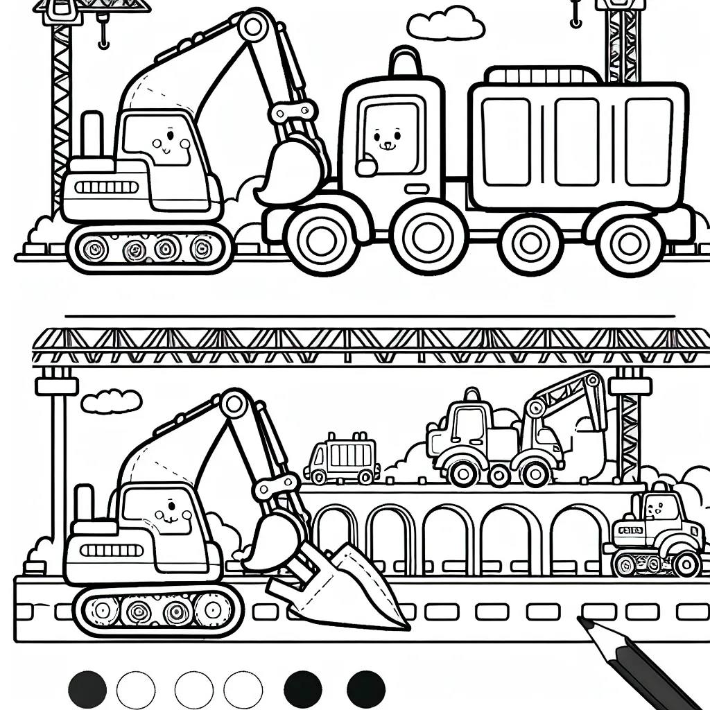 Dessine un chantier animé avec des camions, des pelleteuses et un pont en construction