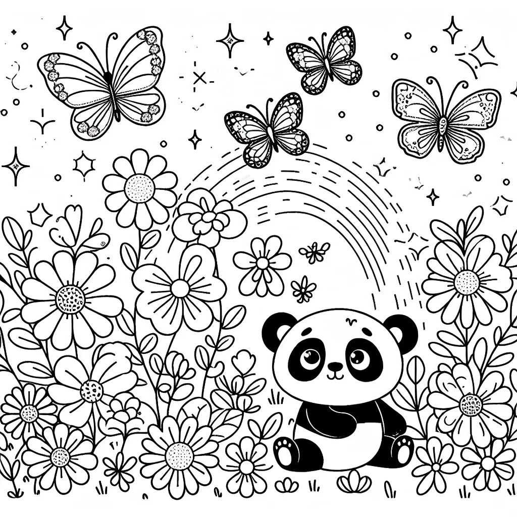 Un petit panda joue dans un jardin magique plein de fleurs lumineuses et de papillons scintillants.