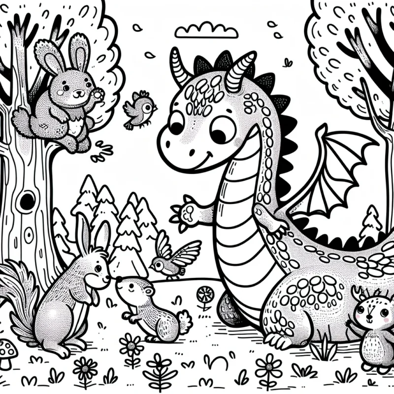 Un gentil petit dragon jouant avec des animaux de la forêt. Il y a un lapin, un écureuil, un oiseau et un cerf. Il y a aussi des détails de forêt à colorier comme des arbres, des fleurs et des feuilles. Le dragon lui-même est très détaillé avec des écailles, des griffes et des ailes. Il n'y a pas de feu, car ce petit dragon est amical et ne veut pas faire peur à ses nouveaux amis.