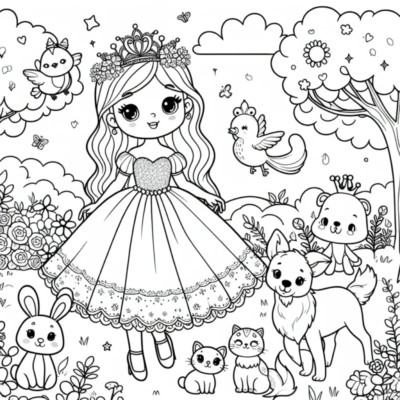 Imagine une princesse, entourée d'animaux mignons dans son jardin secret. Les animaux peuvent inclure un joli petit lapin, un chaton espiègle, un gentil chien et des oiseaux colorés. La princesse a une belle robe longue et une couronne étincelante. Le jardin est plein de fleurs, d'arbres et d'un beau ciel.