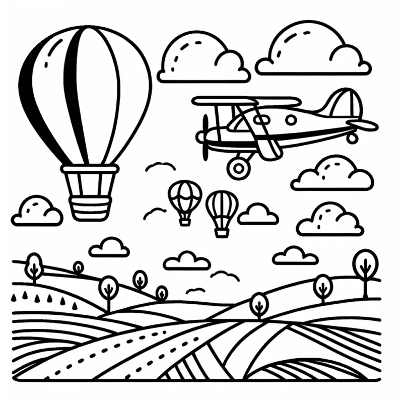 Créer un coloriage d'un avion volant au-dessus de la campagne avec des montgolfières flottant à l'horizon.