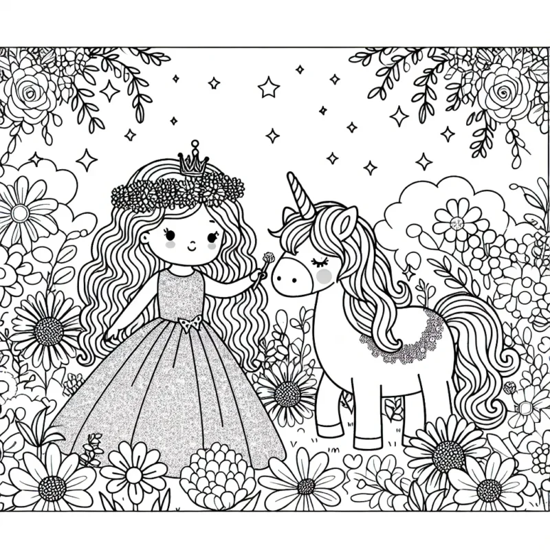 Une petite princesse aux longs cheveux bouclés, au milieu de son jardin fleuri magnifique, s'occupe de son licorne magique avec une robe de couleur pastel pailletée.