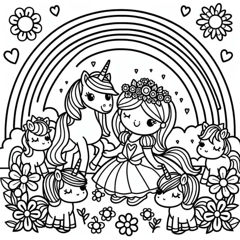 Imaginez une princesse joyeuse avec des poneys multicolores dans un jardin de fleurs resplendissant sous un arc-en-ciel lumineux.