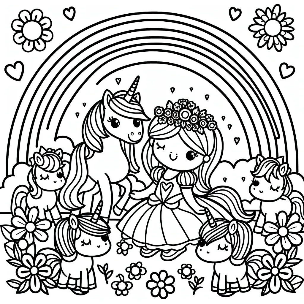 Imaginez une princesse joyeuse avec des poneys multicolores dans un jardin de fleurs resplendissant sous un arc-en-ciel lumineux.