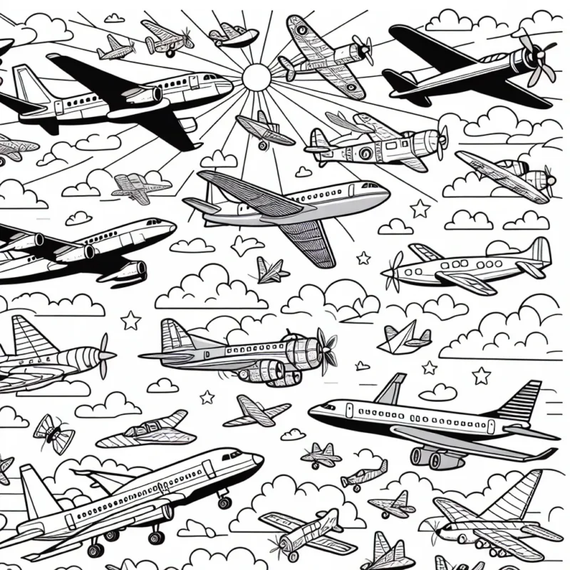 Un spectacle aérien spectaculaire est en cours ! Sur votre page blanche, une multitude d'avions de différents types volent dans le ciel. Vous avez des avions de chasse, des avions de ligne, des avions à hélices et même quelques jolis avions en papier. Créez-vous un magnifique ciel bleu, ou pourquoi pas un lever ou coucher de soleil, avec des avions de toutes les couleurs.