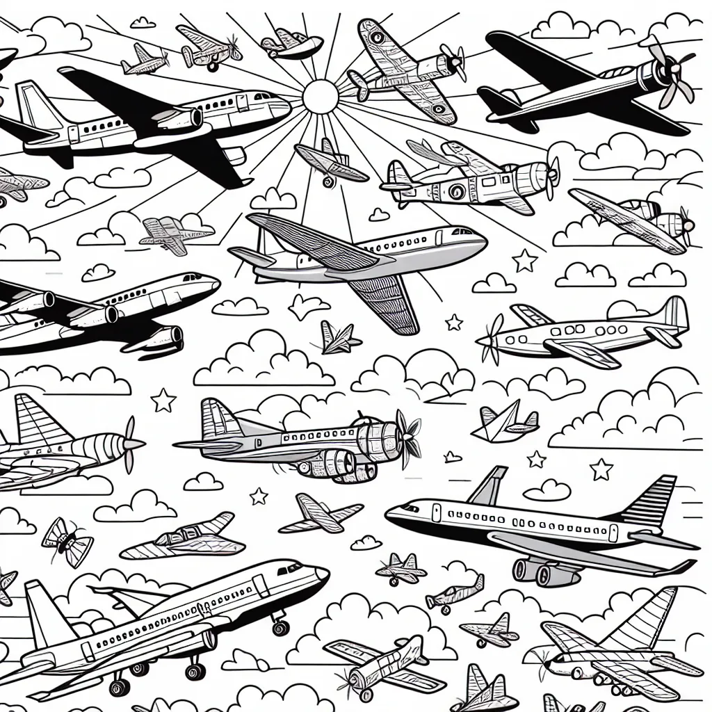 Un spectacle aérien spectaculaire est en cours ! Sur votre page blanche, une multitude d'avions de différents types volent dans le ciel. Vous avez des avions de chasse, des avions de ligne, des avions à hélices et même quelques jolis avions en papier. Créez-vous un magnifique ciel bleu, ou pourquoi pas un lever ou coucher de soleil, avec des avions de toutes les couleurs.