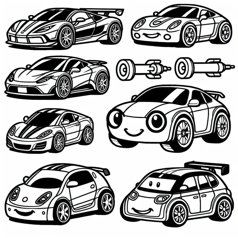 Dessine et colore les voitures de différentes marques comme Ferrari, BMW, Audi, Mercedes et Toyota. Chaque voiture sera représentée avec son logo de marque.