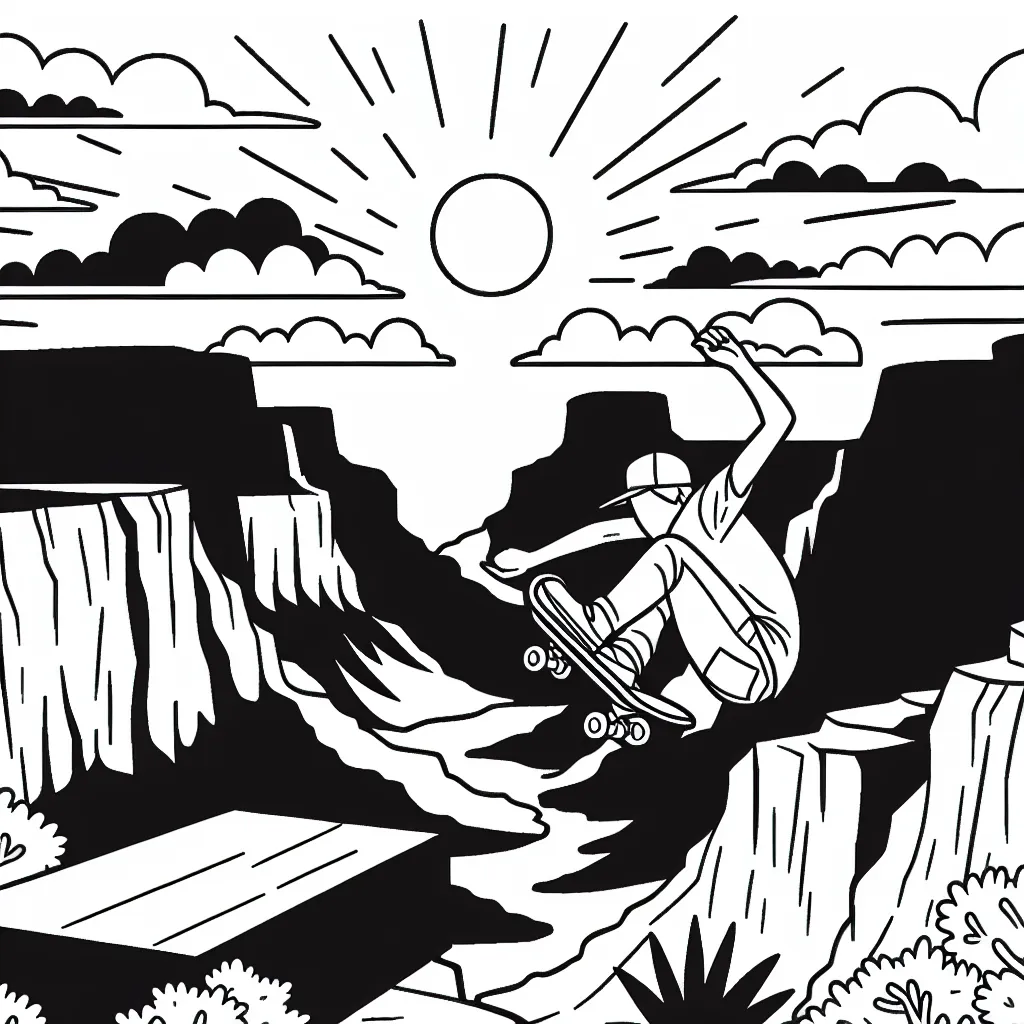 Dessine un skateur effectuant une manœuvre de flip trick au-dessus d'un grand canyon avec les montagnes et le soleil couchant en arrière-plan.