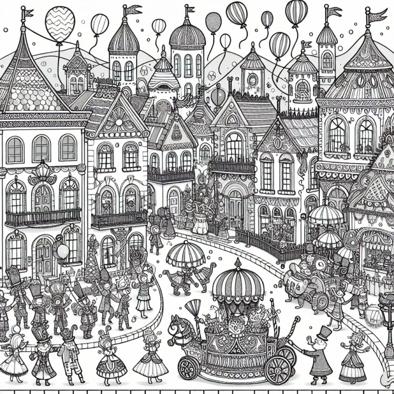 Imagine une grande scène de carnaval dans une ville fantaisiste. Dessine des maisons aux formes et couleurs extravagantes, quelques joyeux habitants déguisés, des ballons et confettis volant dans l'air. Au centre, fais figurer un grand défilé de chars décorés, avec des musiciens, jongleurs et acrobates. Rajoute une atmosphère festive en représentant des guirlandes et des lampions suspendus entre les maisons.