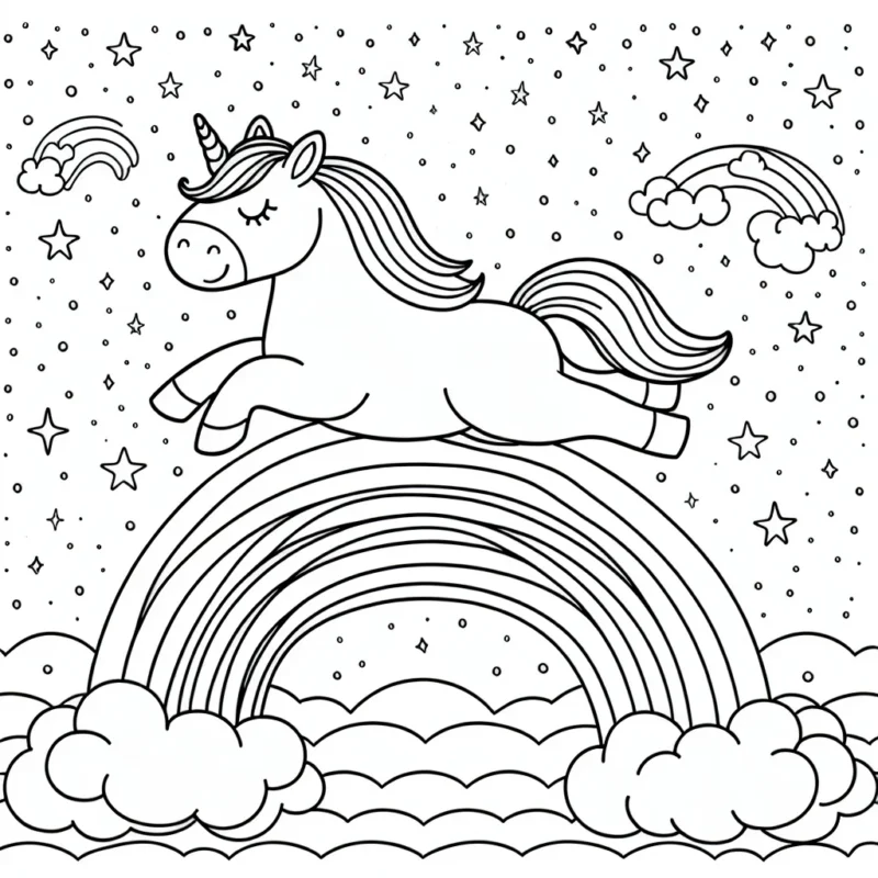 Une douce licorne qui saute par-dessus un arc-en-ciel, sous un ciel rempli d'éclats étoilés et de doux nuages flottants.