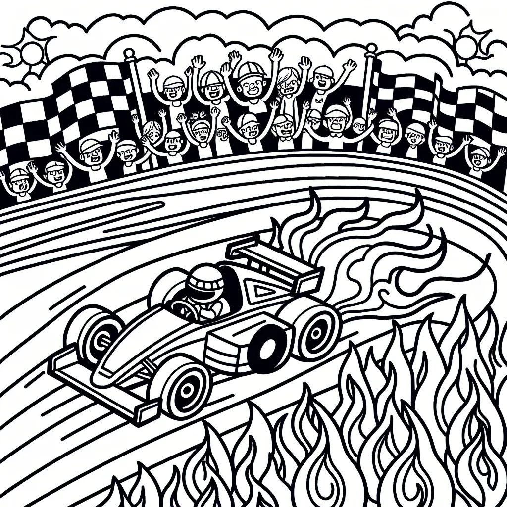 Dessine une voiture de course vibrante zigzaguant à travers une piste ardente, avec une foule de supporters enthousiastes dans les gradins.