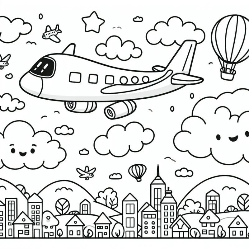 Dessine un grand avion à réaction volant au-dessus des nuages et de la ville, avec un pilote souriant à l'intérieur. Le ciel est rempli d'oiseaux et de ballons à air chaud. N'oublie pas de colorer les maisons et les arbres dans la ville en bas.