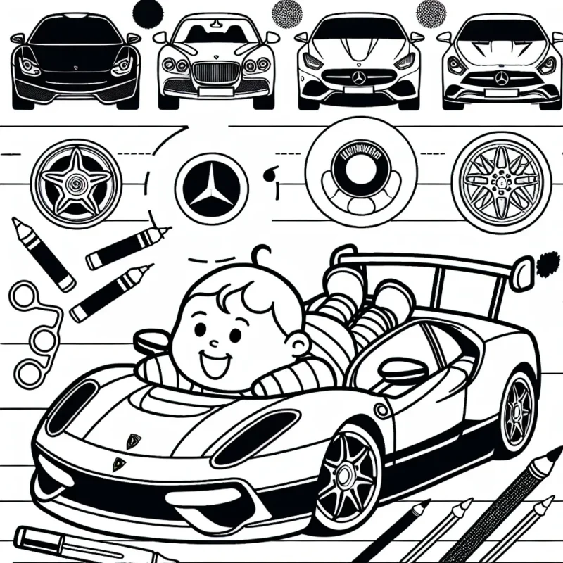 Dessine et colore des voitures par marque. Tu peux voir des modèles tels que Ferrari, Mercedes, Lamborghini, BMW, et Audi. N'oublie pas de détailler les insignes de chaque voiture.