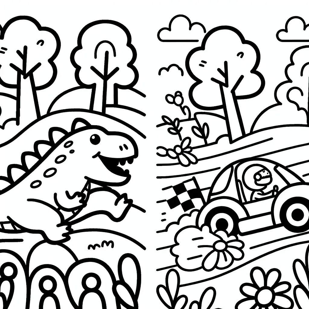 Dans ce dessin tu pourras tracer et colorier une course effrénée entre un dinosaure à la poursuite d'une voiture de course. Vroom vroom !