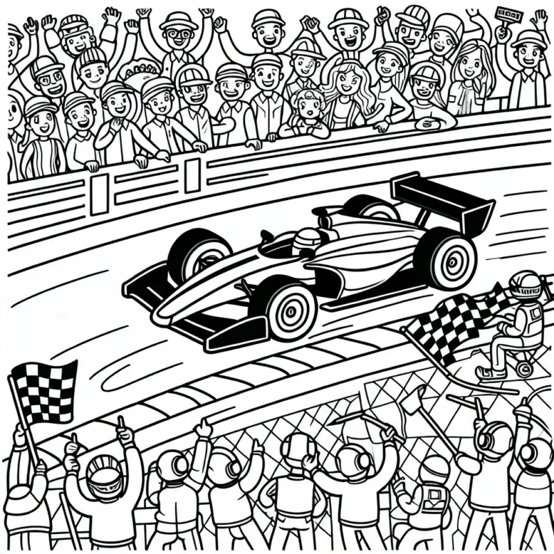 Dessine une voiture de course filant à toute vitesse sur la piste d'un circuit rempli d'observateurs enthousiastes et de pit crews animés