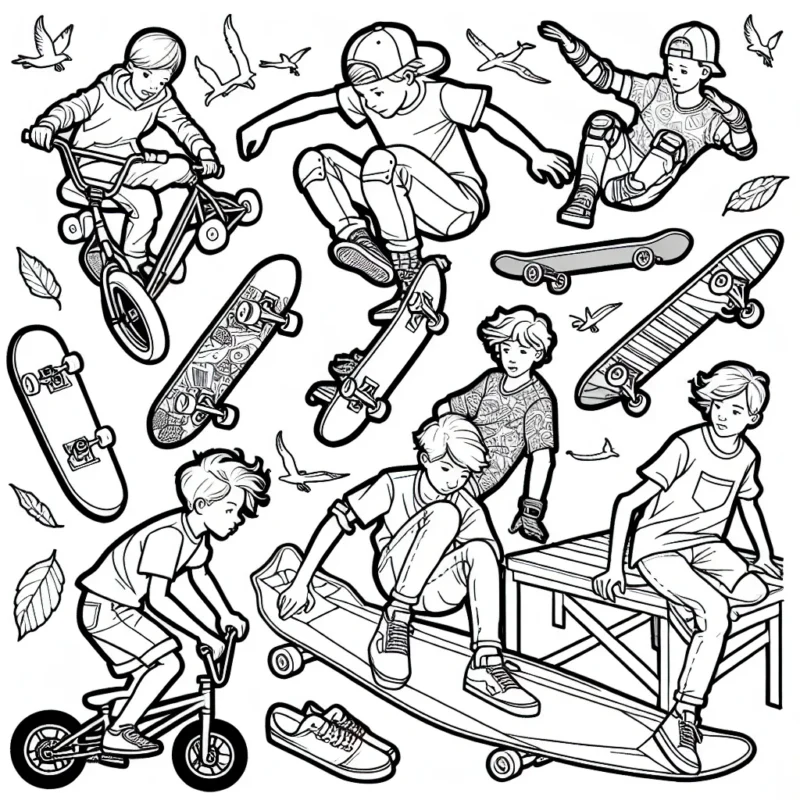 Une scène vibrante de sports extrêmes avec des jeunes faisant du skateboard, du BMX, du parkour, du surf et de l'escalade.