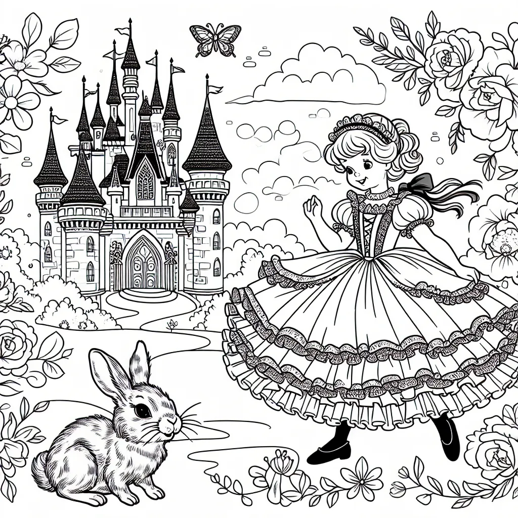 Une petite princesse avec une robe à volants qui joue avec un lapin à côté d'un château enchanté.