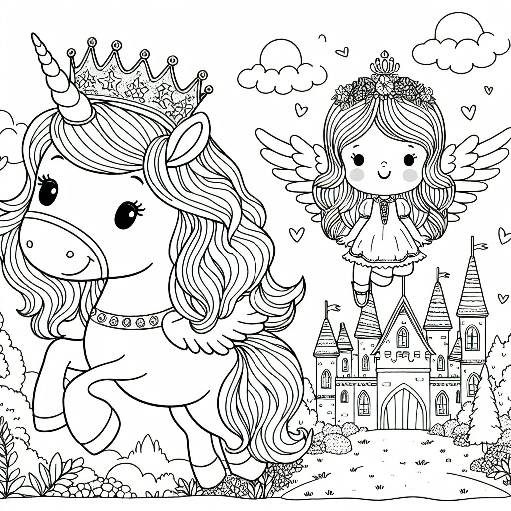 Dessine une petite princesse couronnée d'or qui chevauche un licorne aux ailes déployées, volant au-dessus d'un château de conte de fées entouré d'un paysage féerique.