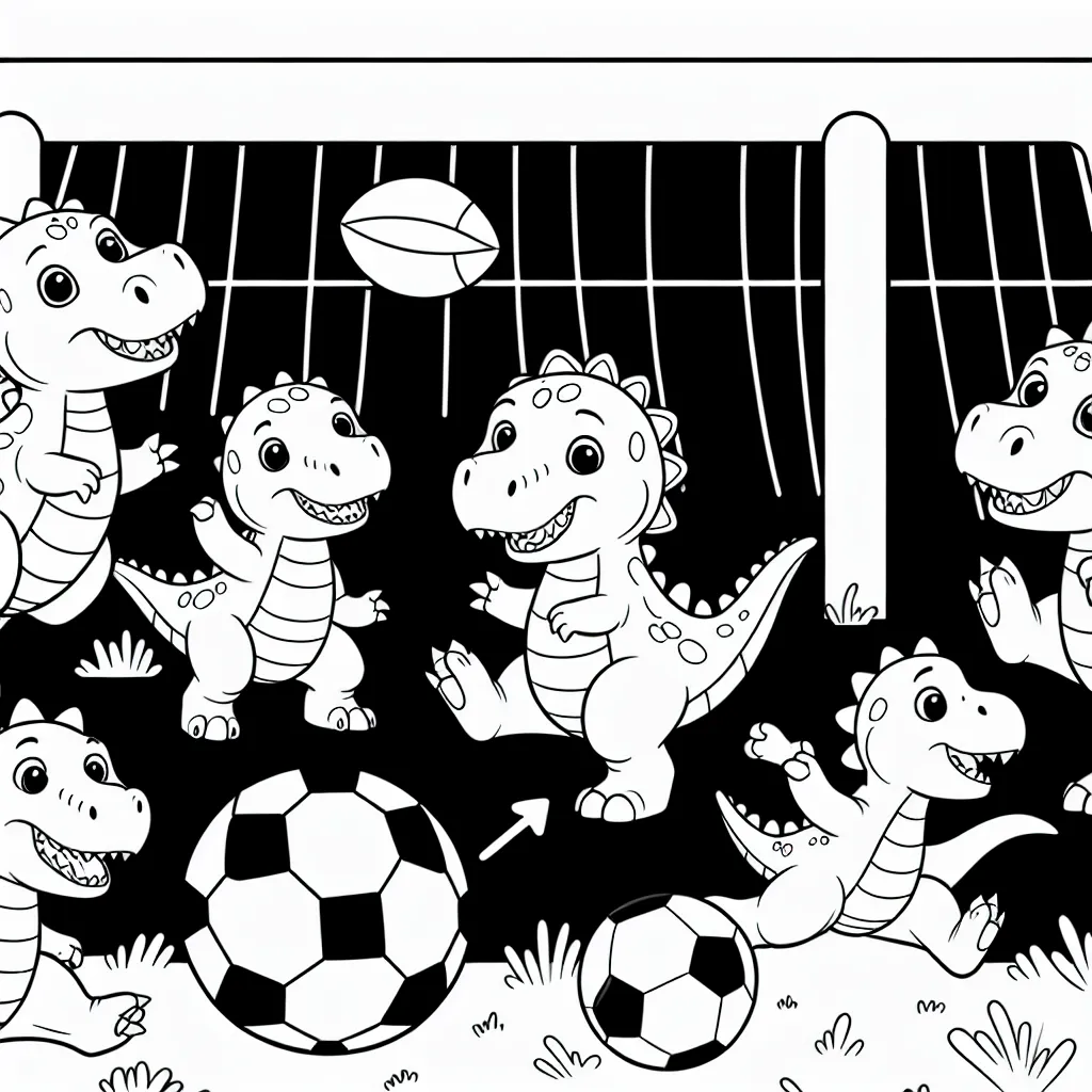 Une équipe de petits dinosaures sportifs jouant au football