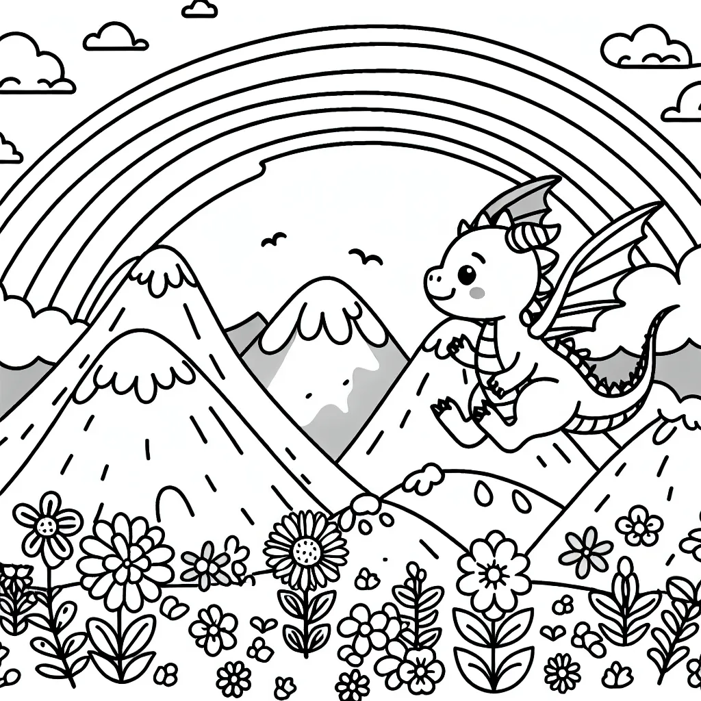 Un jeune dragon en train de voler au-dessus des montagnes couvertes de fleurs avec un arc-en-ciel en arrière-plan